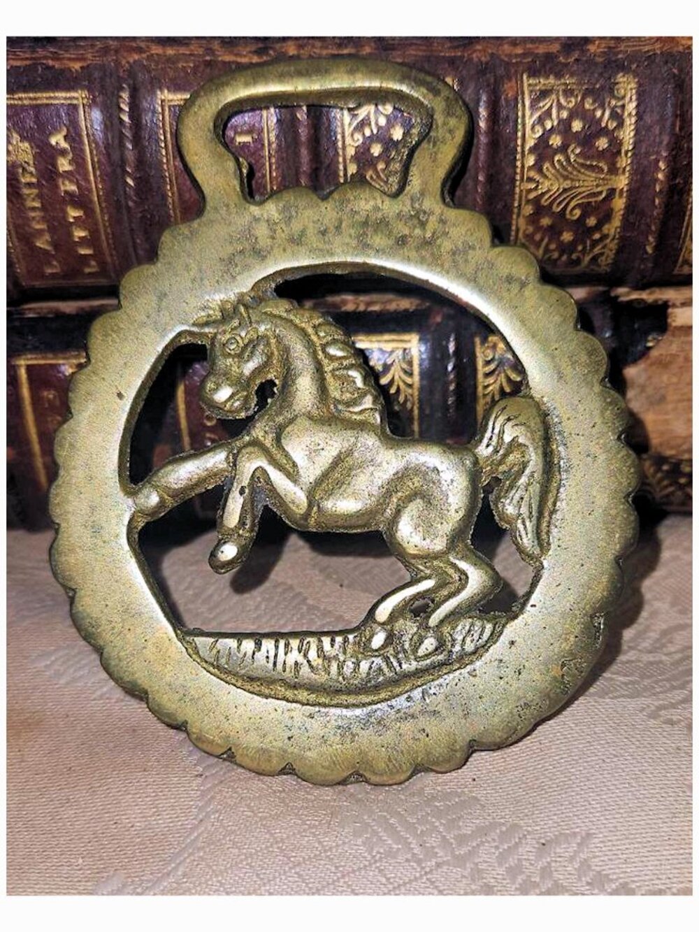 Antique Prancing or Rearing Horse Brass Harness Medallion Equine Collectible